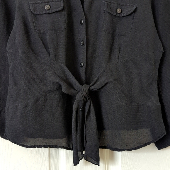 Nic + Zoe Silk & Linen Blend Quarter Sleeve Button Down Tie Front Top Black SP - Picture 7 of 11